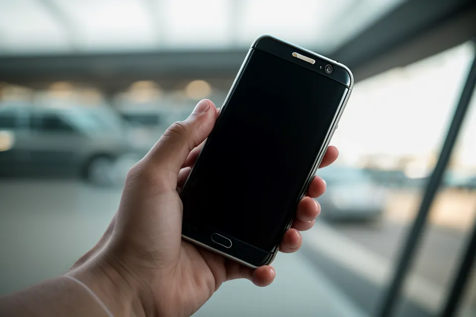 Close-up of a person checking a car rental app at an airport terminal.