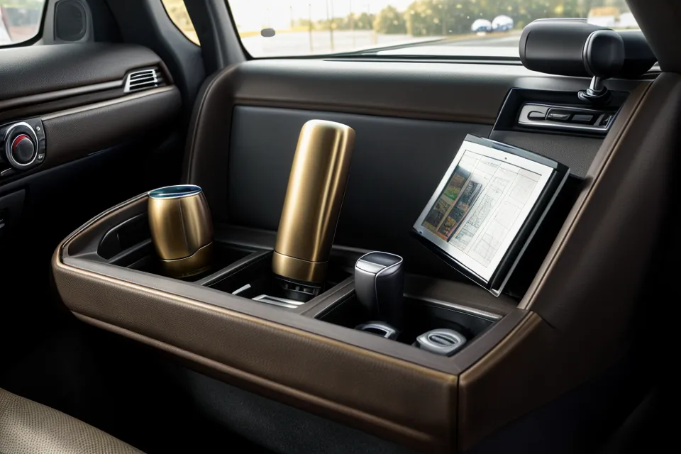 Interior of a rental car with a tumbler and a notebook on the seat.