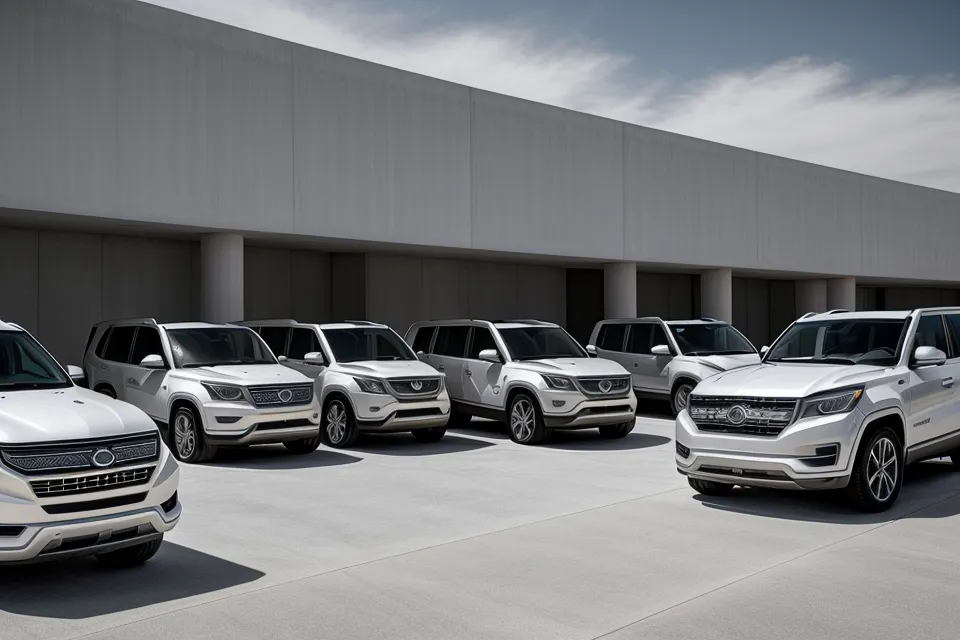 A line of mid-size rental SUVs parked in a clean airport parking garage.