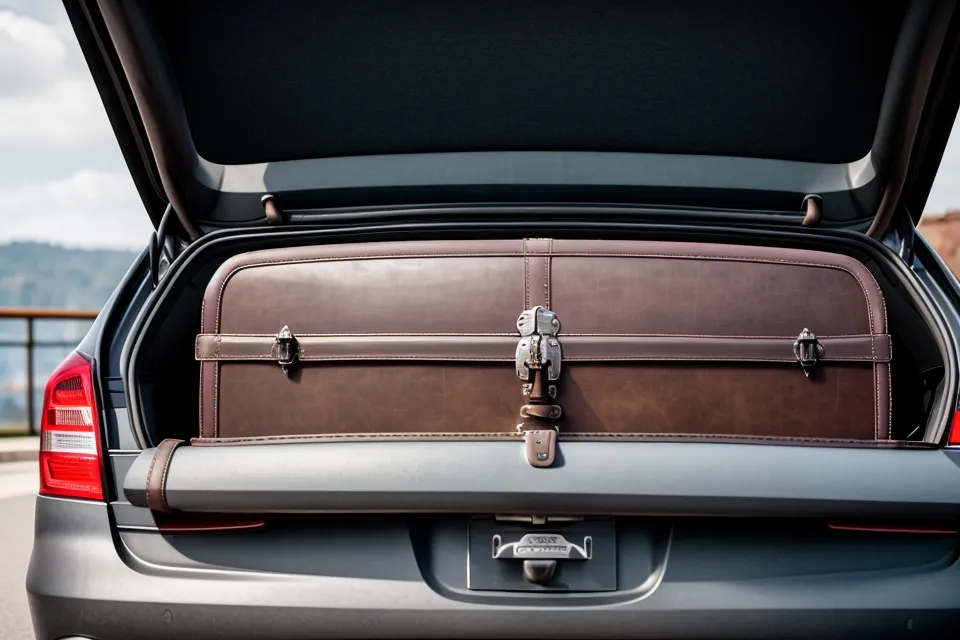 The trunk of a rental car filled with business travel luggage.