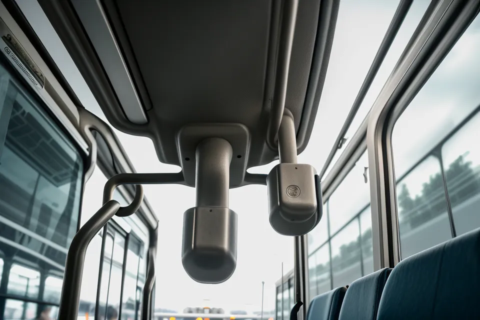 Interior view of an airport rental car shuttle bus at Phoenix Sky Harbor.