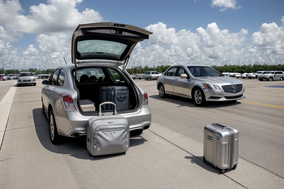 A silver rental car trunk with a business carry-on bag and laptop case inside.