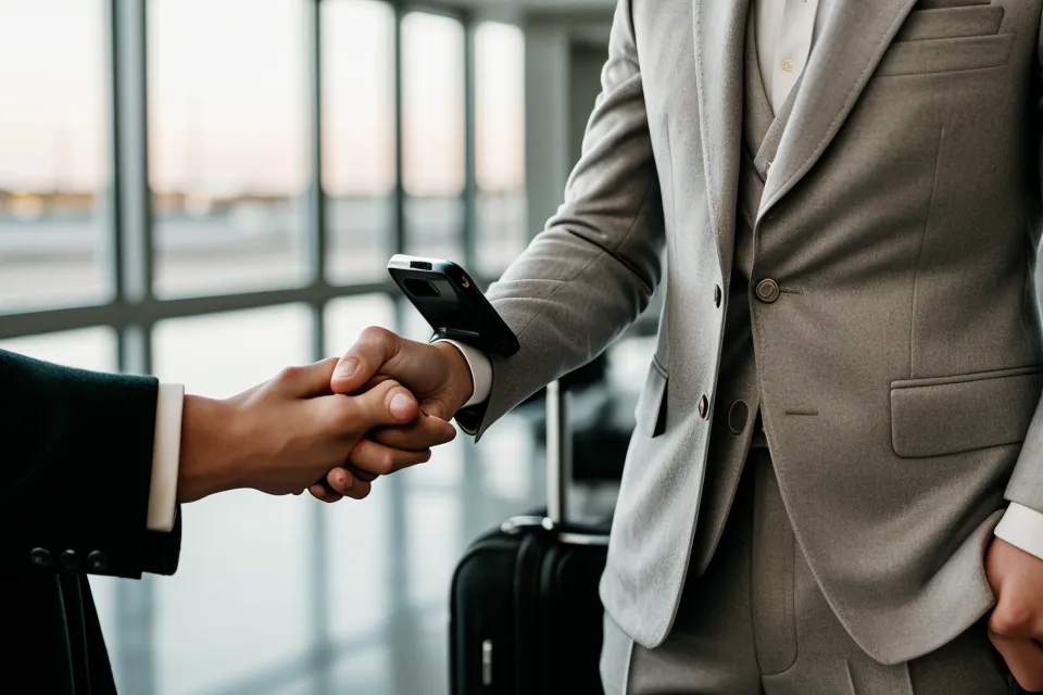 Close-up of a business traveler checking a rental car confirmation on a smartphone.