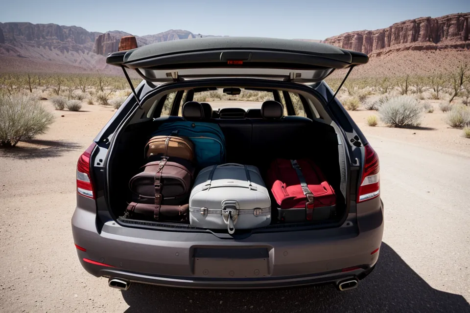 A car trunk packed with hiking gear for a Southwest national parks road trip.