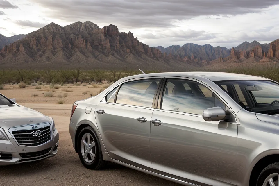 Silver sedan rental car in a desert parking lot with mountains