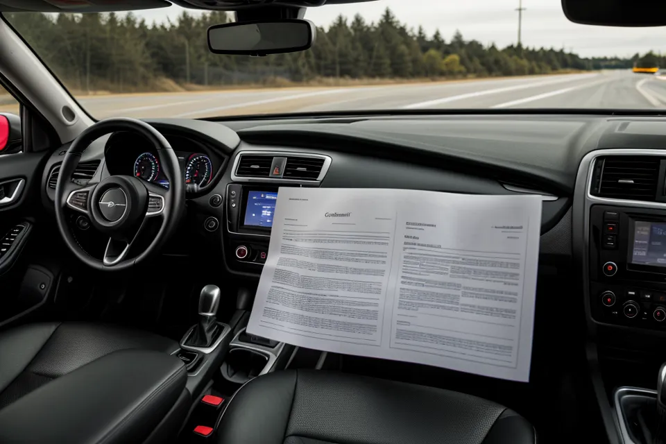 Close-up of a car rental agreement on a dashboard with DFW airport in the background.