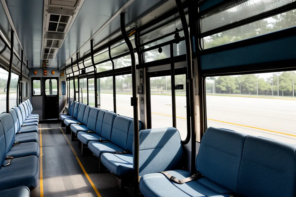 The interior of an empty DFW Airport rental car shuttle bus.