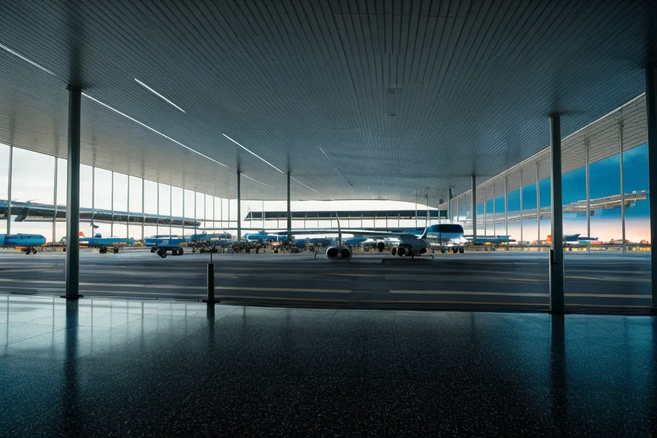 The view from an airport rental car shuttle bus window at night.