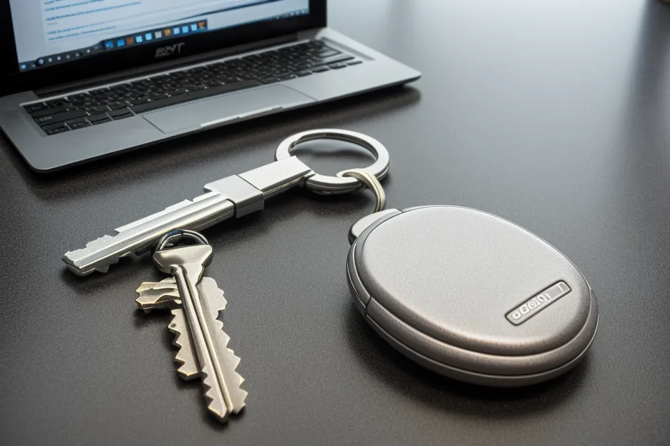Rental car keys and a laptop on a hotel desk after a long day of travel.
