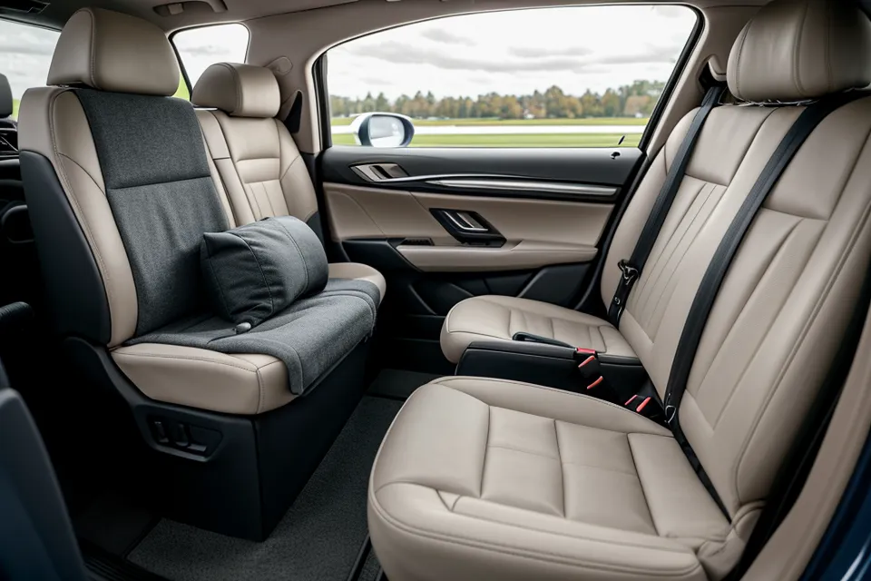 Compact rental car trunk and back seat space compared to a mid-size car, business travel sales case fit test