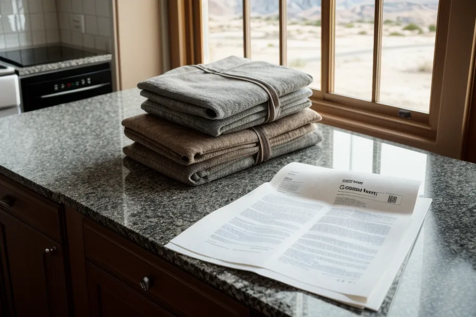 Close-up of a car rental agreement and a road map on a kitchen counter.