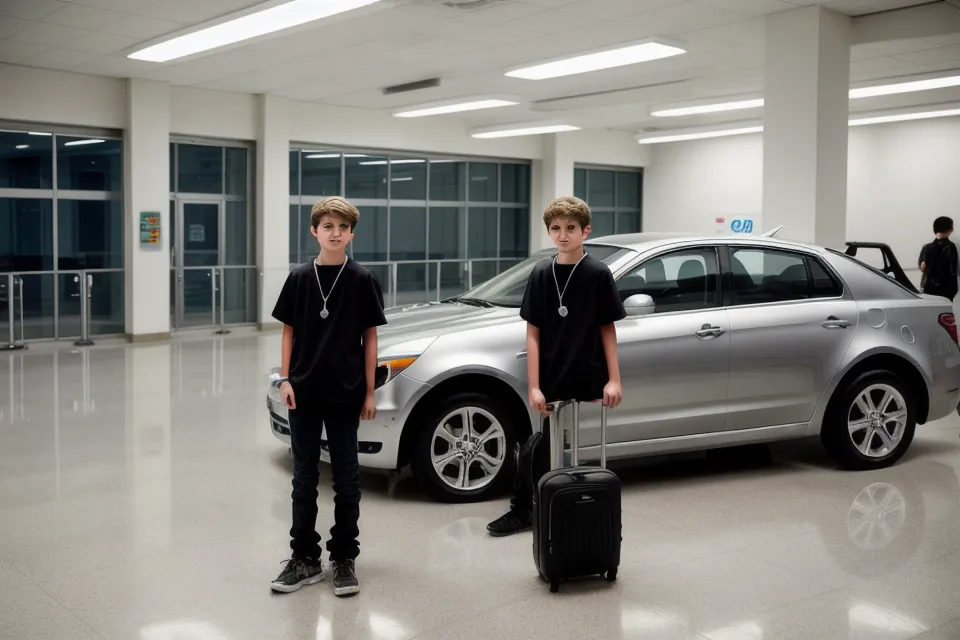 A young driver looking at car keys at an airport rental car counter.