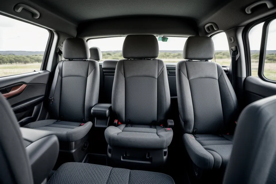 View of the rear seat legroom in a compact rental car.