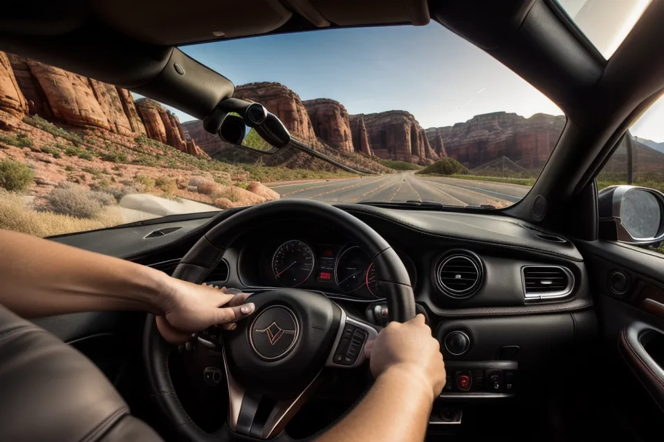 Driving a rental car through the red rock scenery of Utah.