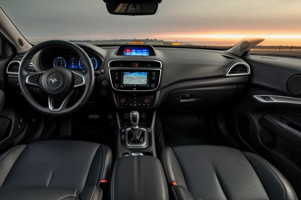 A rental car interior during an early morning airport return.