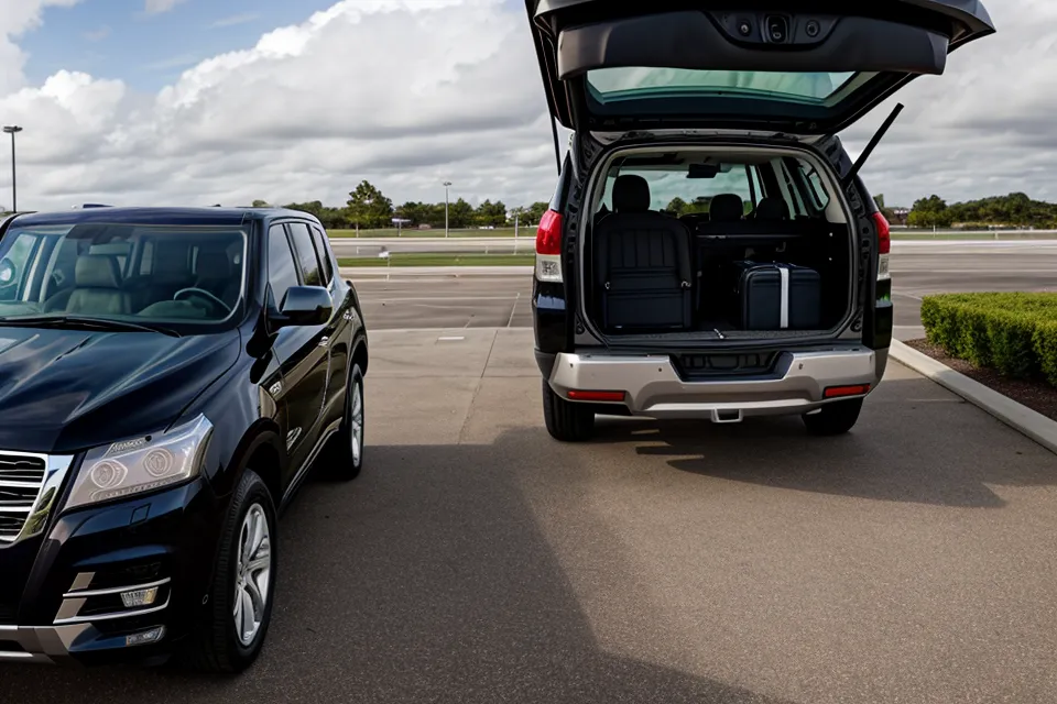 Family road trip SUV rental trunk packed tight with duffel bags and a cooler for national park gear