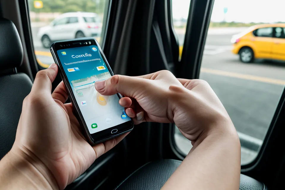 Smartphone showing car rental booking inside an airport shuttle