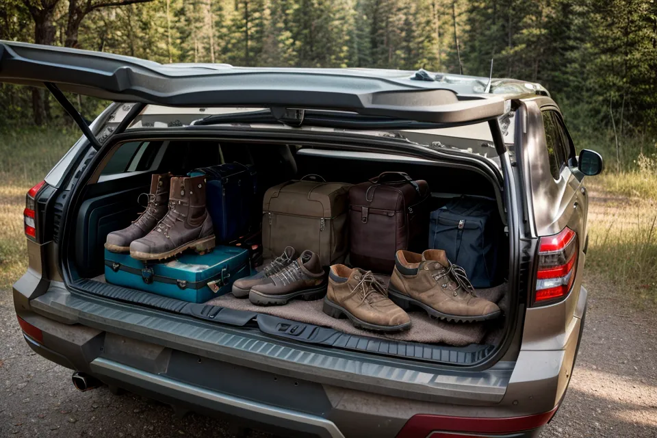 SUV trunk loaded with suitcases and hiking gear for a road trip