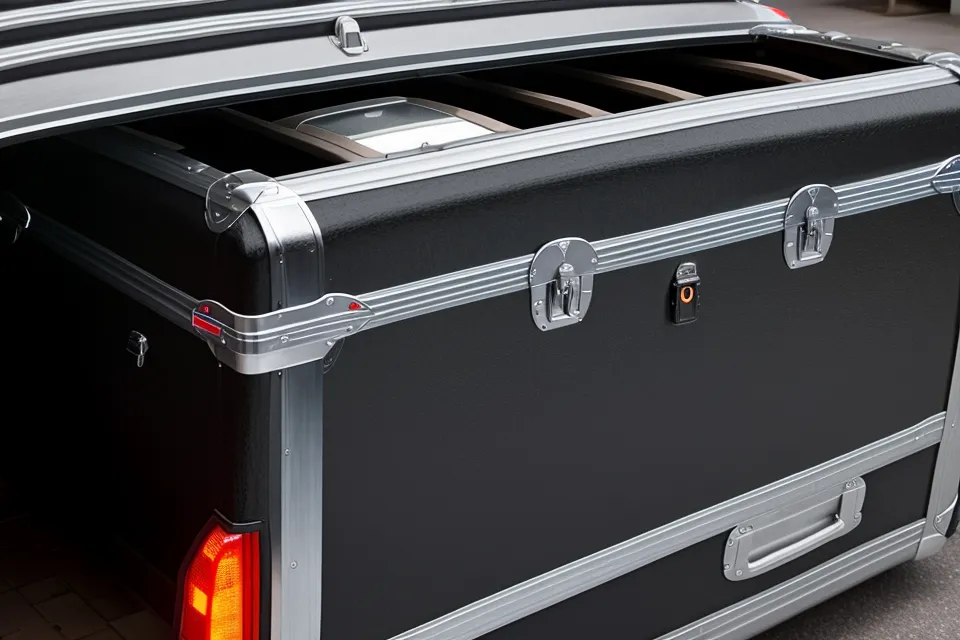 Close-up of luggage and display cases being loaded into a rental car trunk.