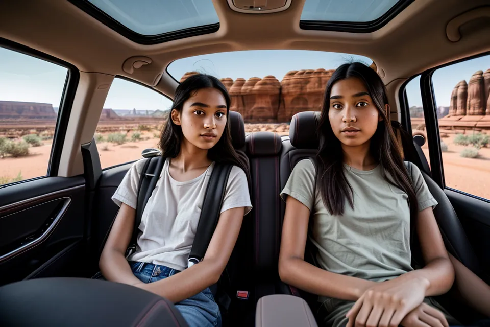 Teenagers in the back seat of a rental car with Utah red rocks in the background.