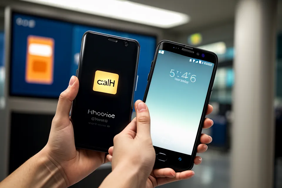 Hand holding a phone with a rental car booking confirmation at an airport gate.