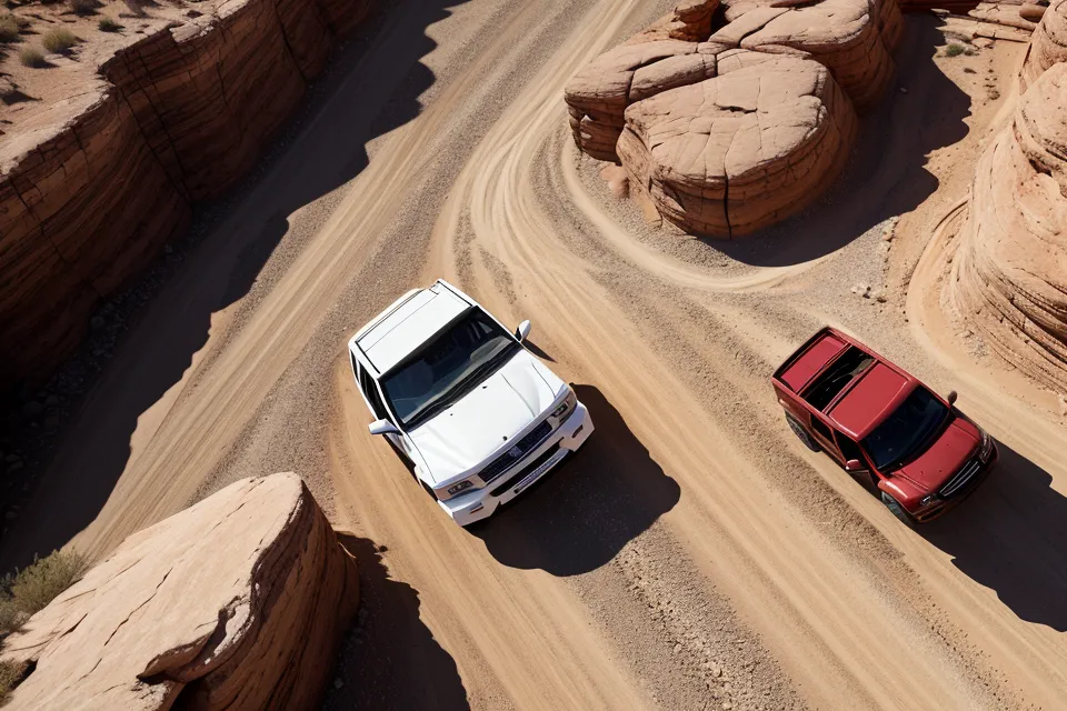 A white SUV driving through a desert landscape with red rocks.