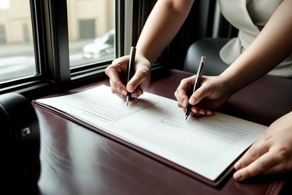 A close up of a rental contract being signed on a counter.