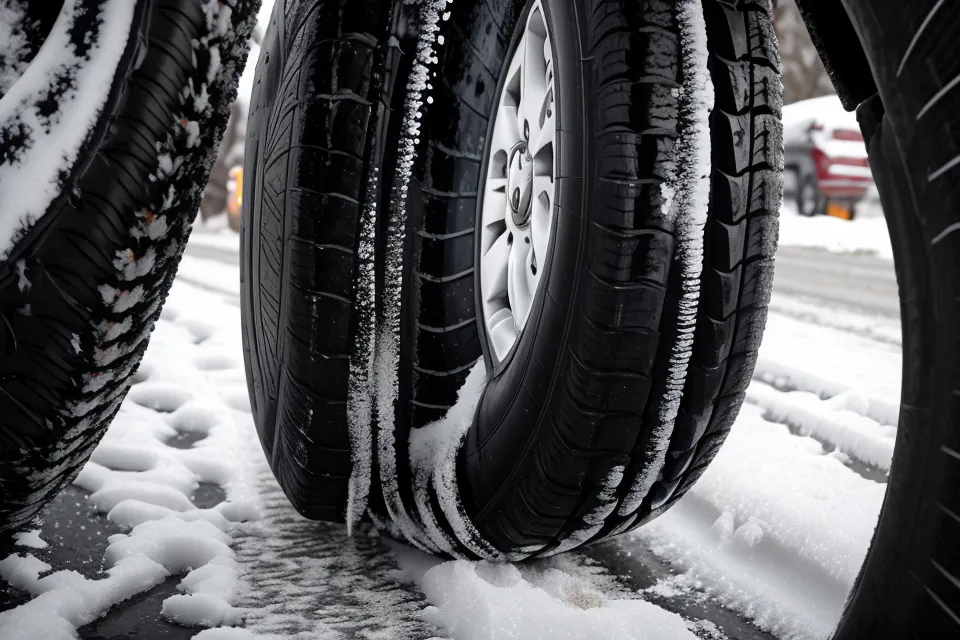 Close up of winter tire tread in slushy Denver conditions