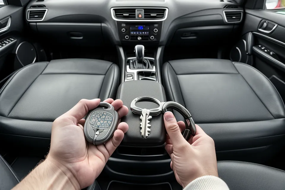 Hand holding rental car keys and contract inside a snowy vehicle