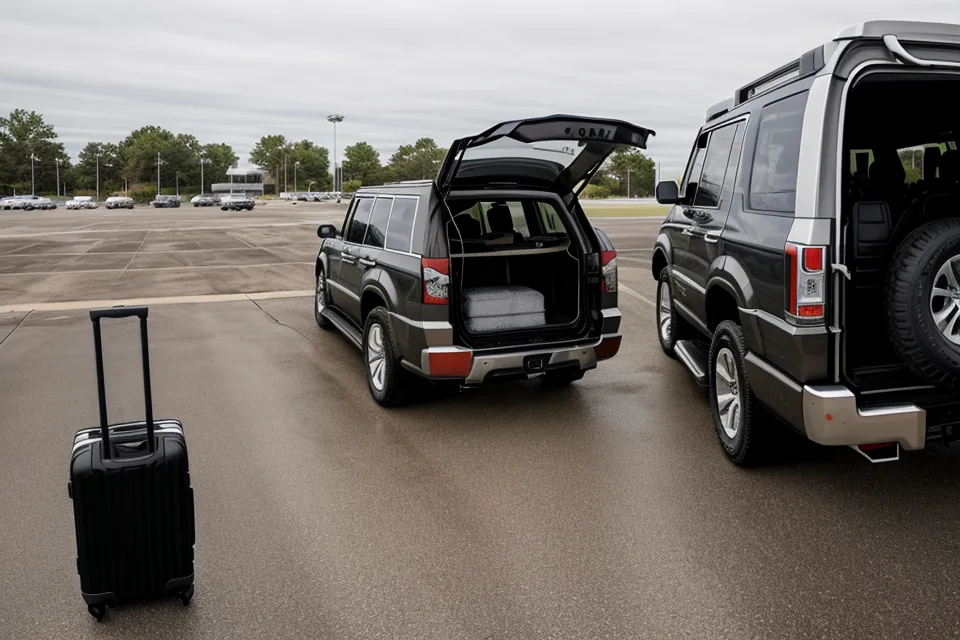 Full-size SUV and minivan parked together for a Utah national parks family road trip comparison
