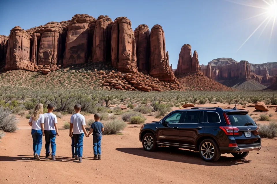 A family loading hiking gear into a large rental SUV in the Utah desert.