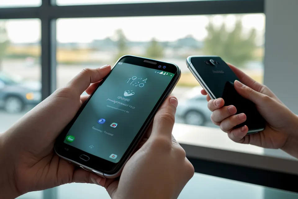 Close-up of a smartphone showing a car rental booking at an airport counter.