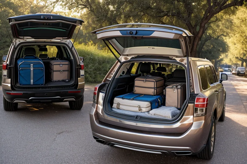 Family loading luggage and outdoor gear into a rental SUV trunk.