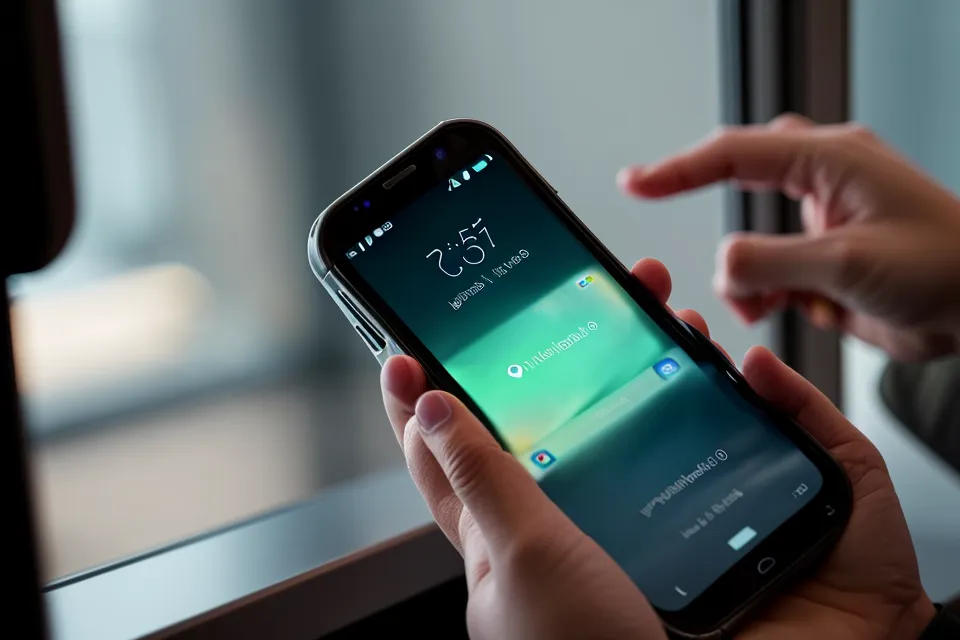 A person holding a phone with a car rental confirmation at an airport counter.