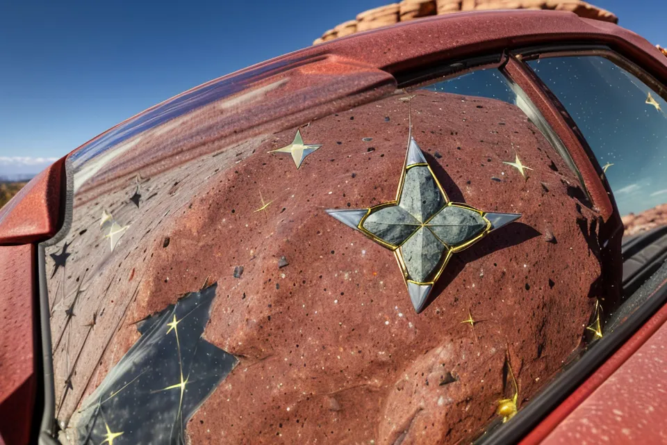 A small stone chip in a car windshield with red rock scenery in the background.