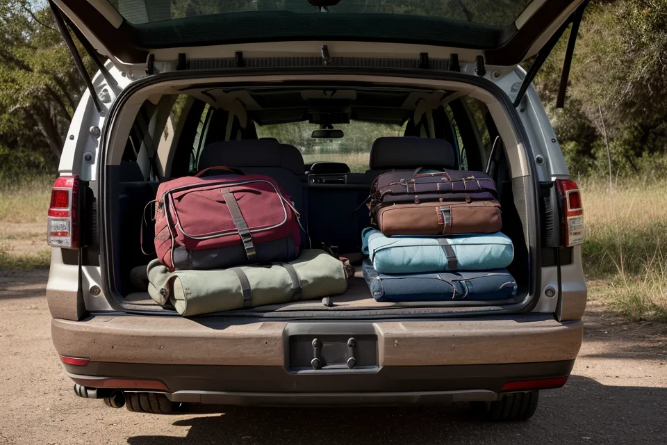 The trunk of a rental SUV filled with hiking gear and backpacks.