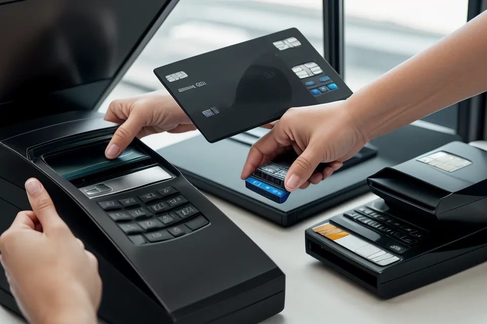 Close-up of a person using a debit card at a rental counter terminal.