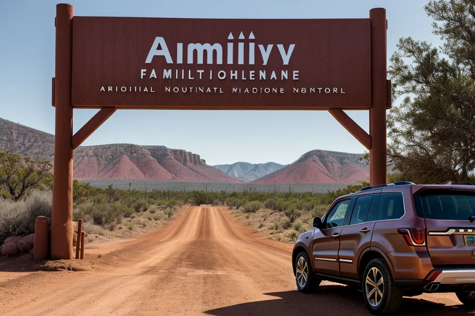 An SUV parked near a Utah national park entrance with red rocks.