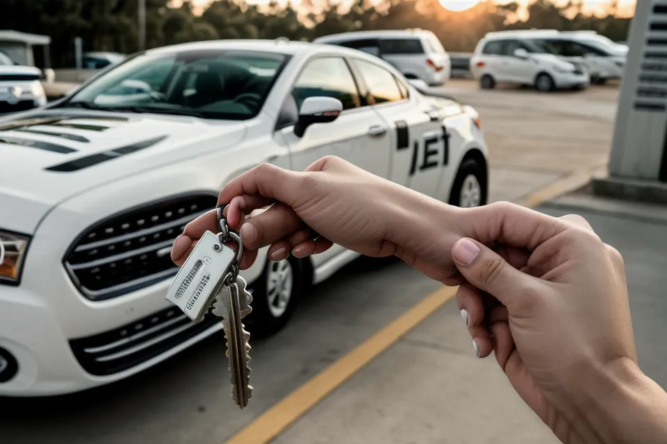 Close-up of rental car keys with a barcode tag in a sunny parking lot.