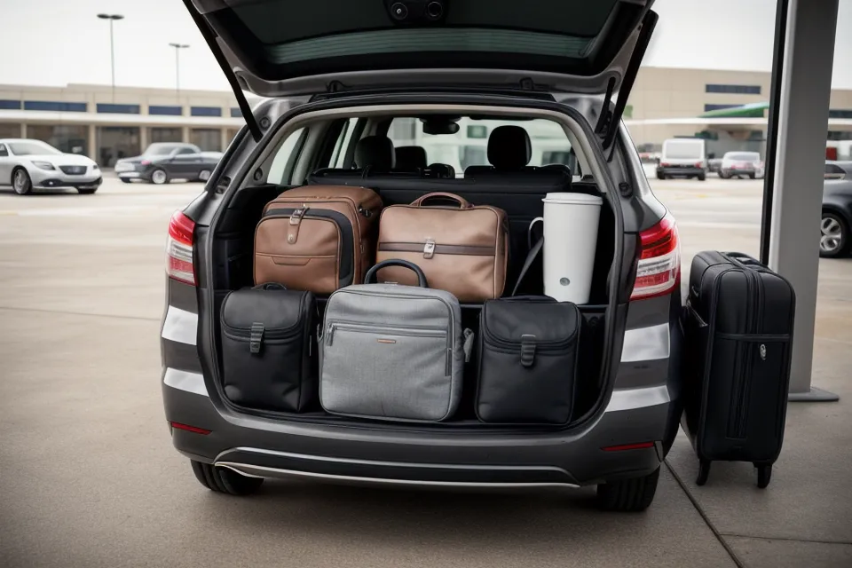 Open trunk of a sedan with a carry-on suitcase and laptop bag.