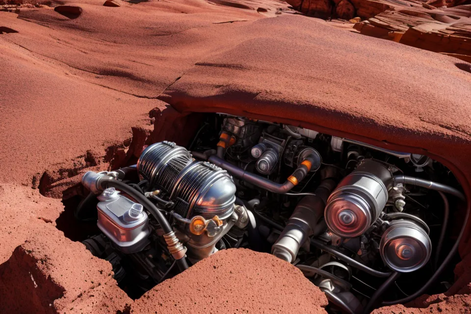 Close up of a rental car engine being checked in the desert heat.