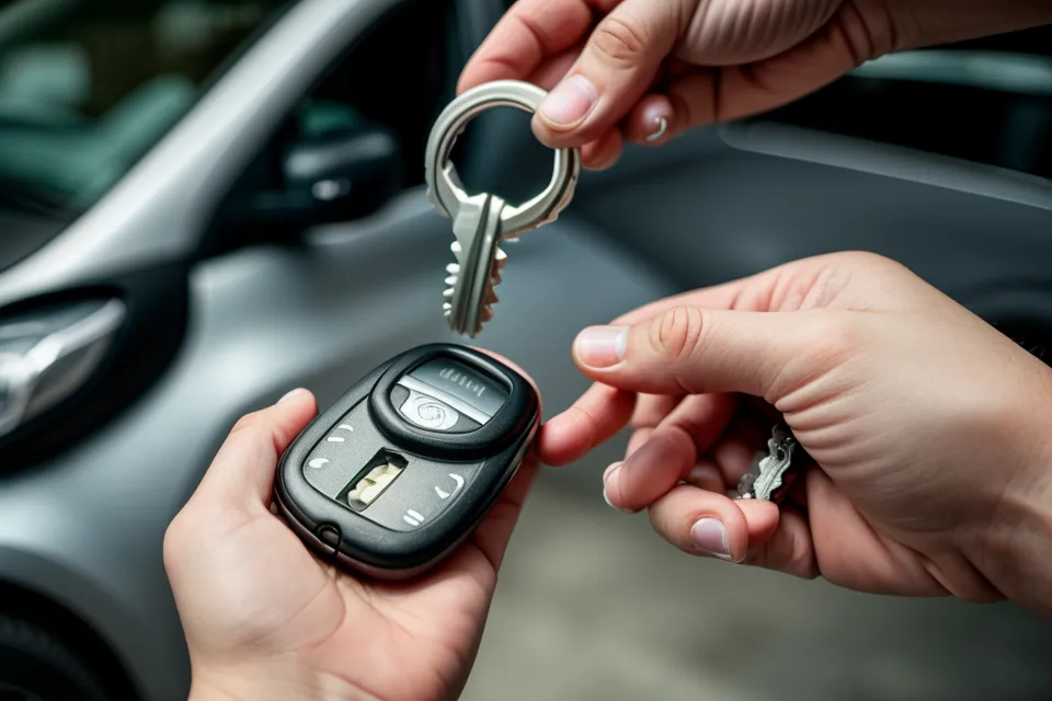 Close-up of a hand holding a rental car key over a contract at a counter.