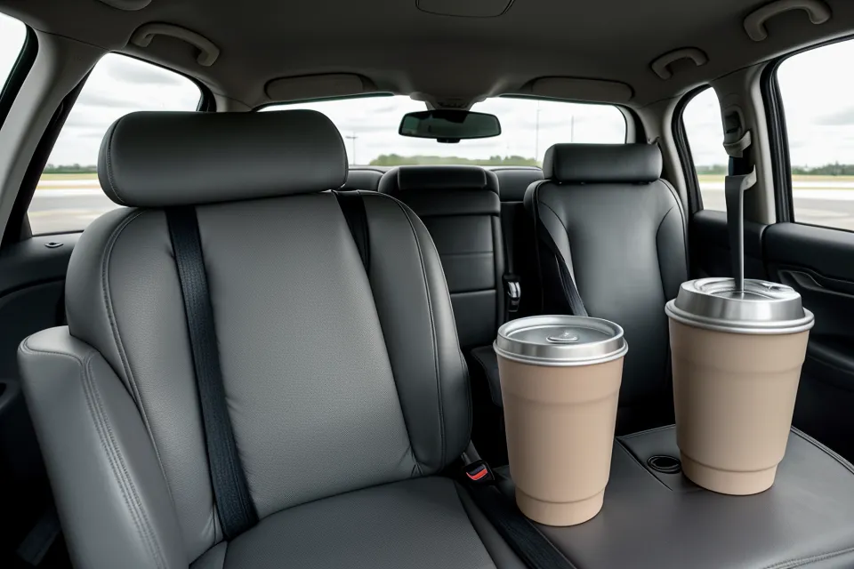 Close up of a hand cleaning a spill in a rental car cup holder.