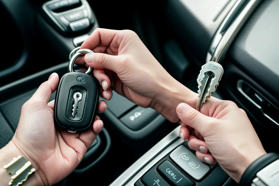 Close-up of a person holding a rental car key at an airport terminal.