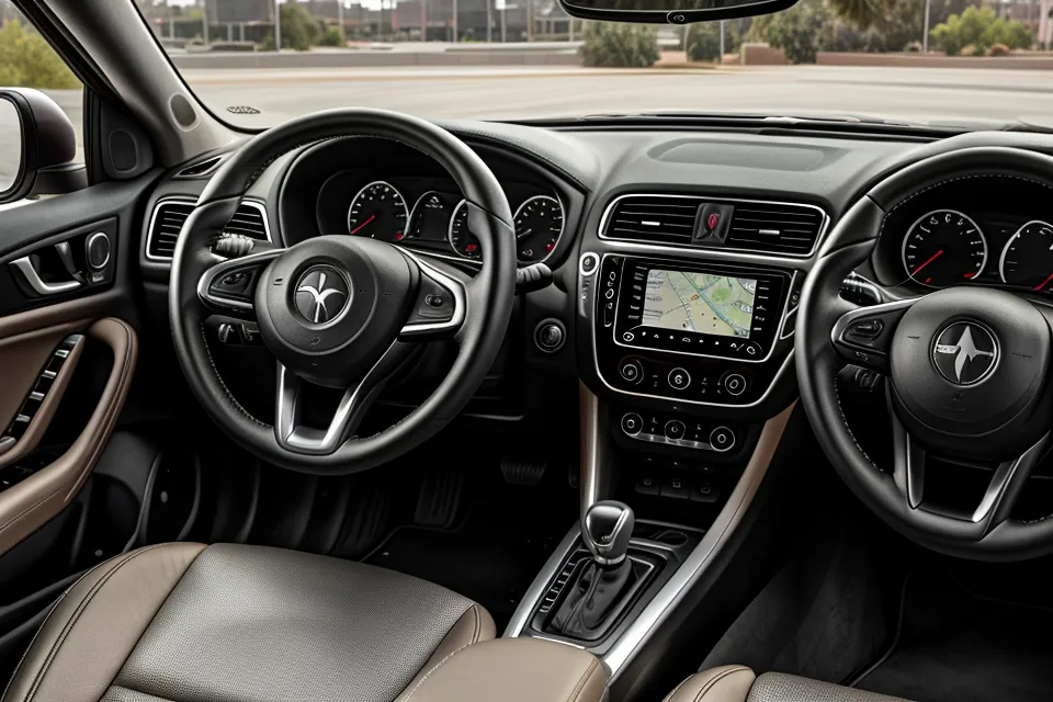 Dashboard of a rental car with GPS showing Phoenix roads and a coffee cup.