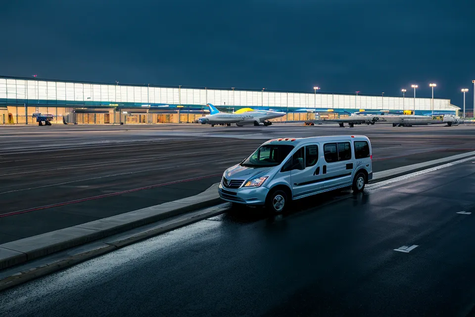 Airport rental car shuttle bus arriving at the terminal during early morning hours.